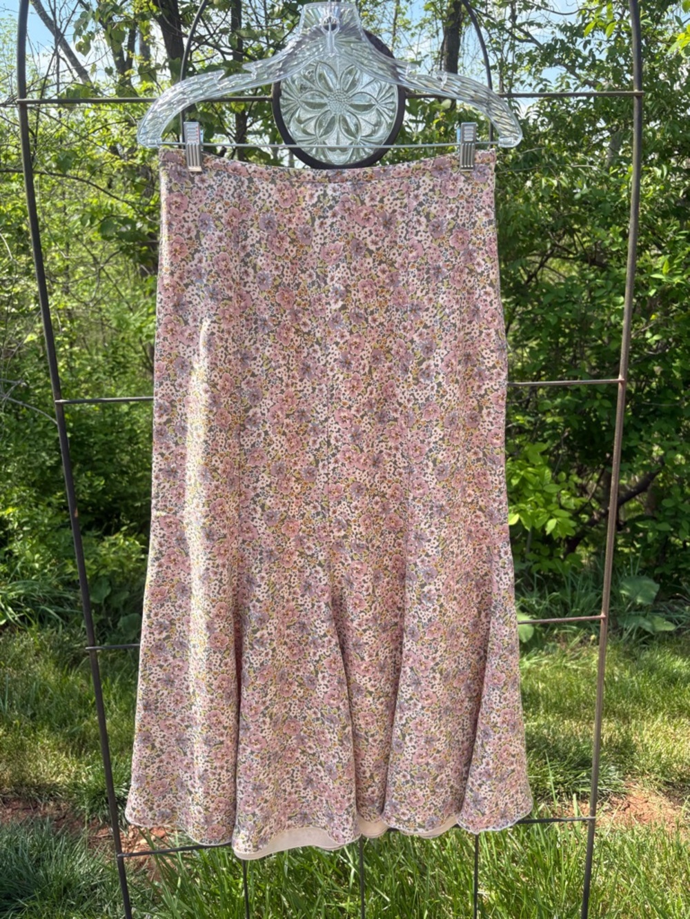 Vintage Sundance 100% Silk Ditsy Floral Midi Skirt Size 8 Mauve Green Pink Godet